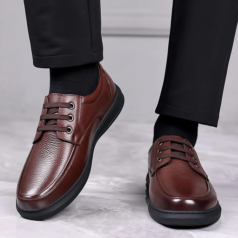 Shoes for Men 2024 Outdoor Basic Men's Leather Casual Shoes Daily Low Heel Male Sewing Round Toe Lace Up Soft Bottom Men's Shoes
