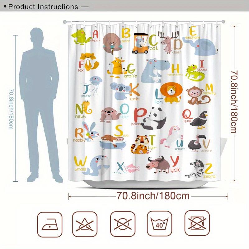 Animal Alphabet Shower Curtain Cute Cartoon Animals A-Z Print Polyester Bath Curtain with Hooks for Kids Bathroom Decor