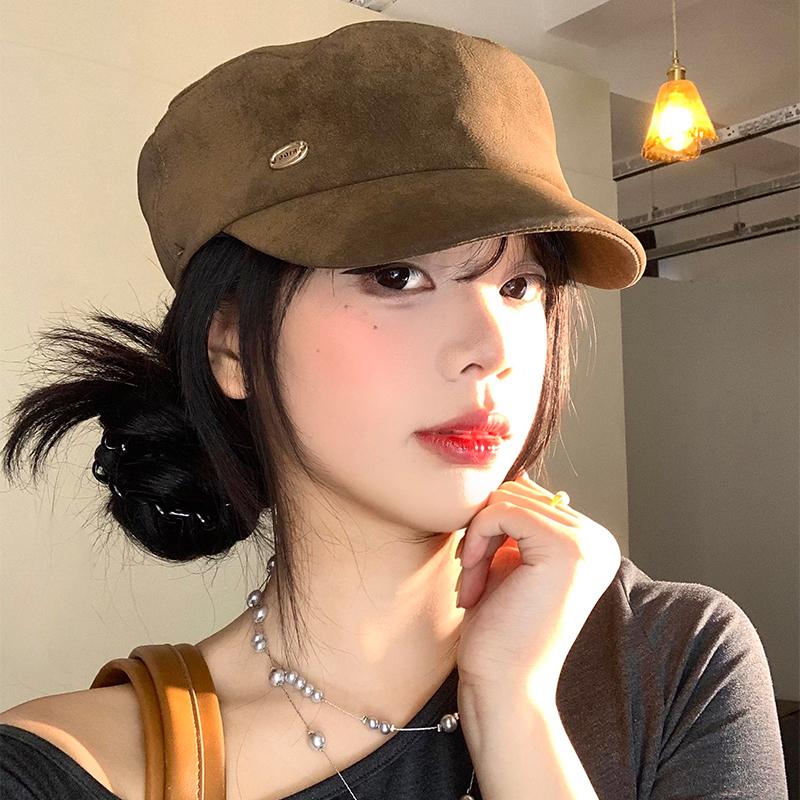 Maillard Brown Suede Flat-top Berets Cap for Women Spring and Autumn Casual Versatile British Style Retro Equestrian Hats Men