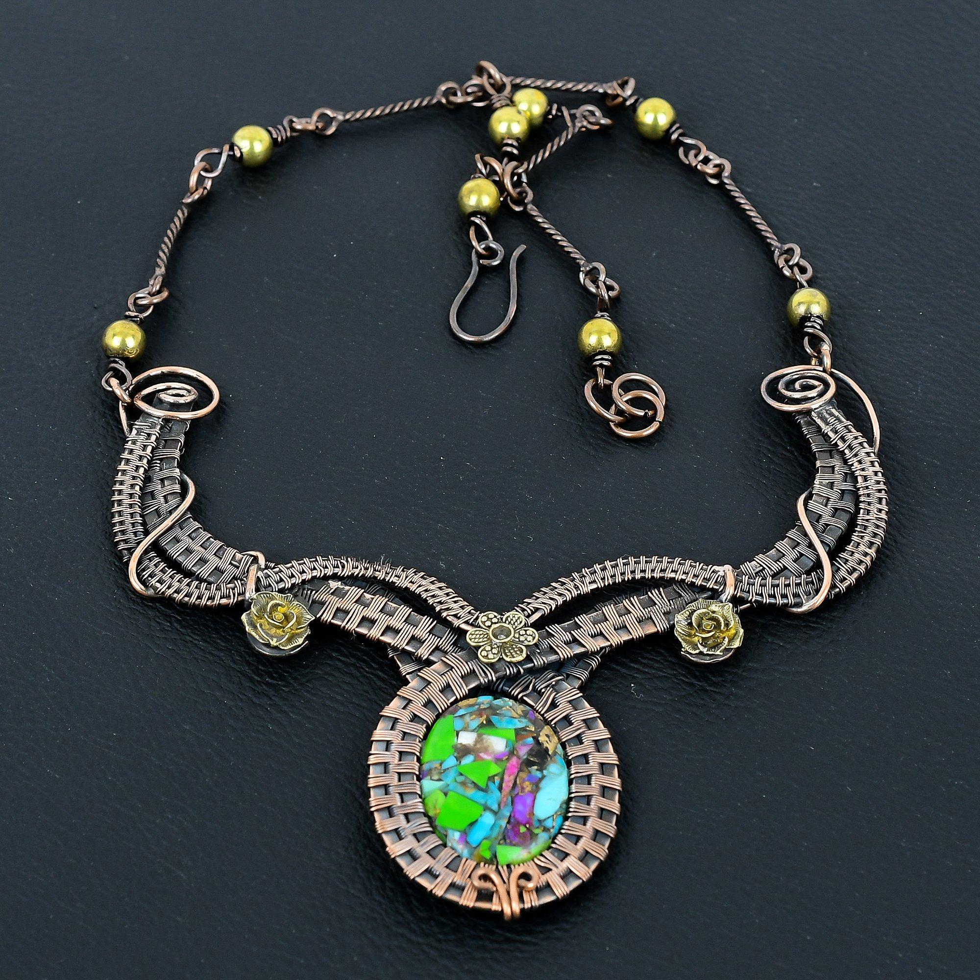 

Kingman Fiesta Turquoise Handmade Gemstone Necklace, 999 Copper Wire Wrapped Necklace Antique Jewelry, For Engagement Gift