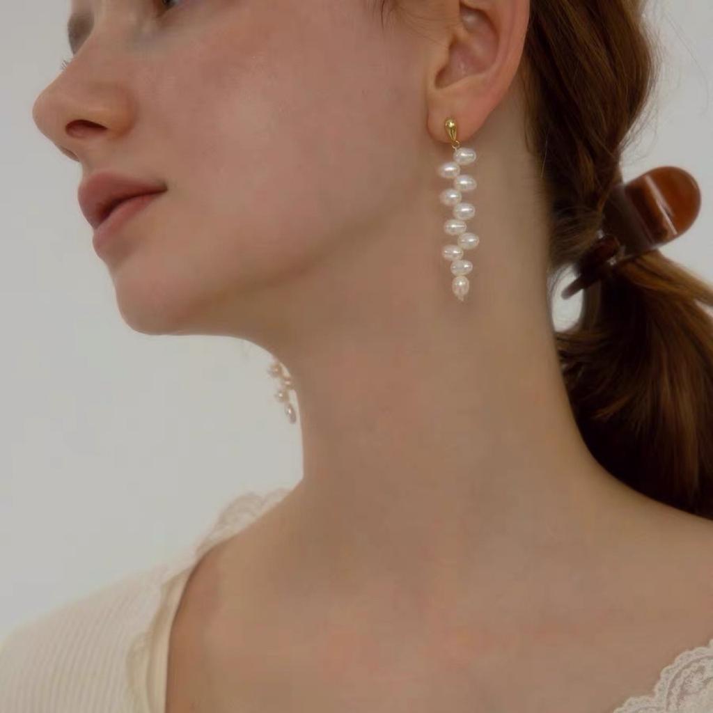 Natural freshwater pearl earrings Long Baroque irregular pearl retro temperament Simple line stud earrings Silver needle