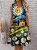 Lässiges Damen Tanktop-Kleid Sommer Ärmellos O-Ausschnitt 3D-Druck Locker A-Linien-Kleid Strand-Westenkleid
