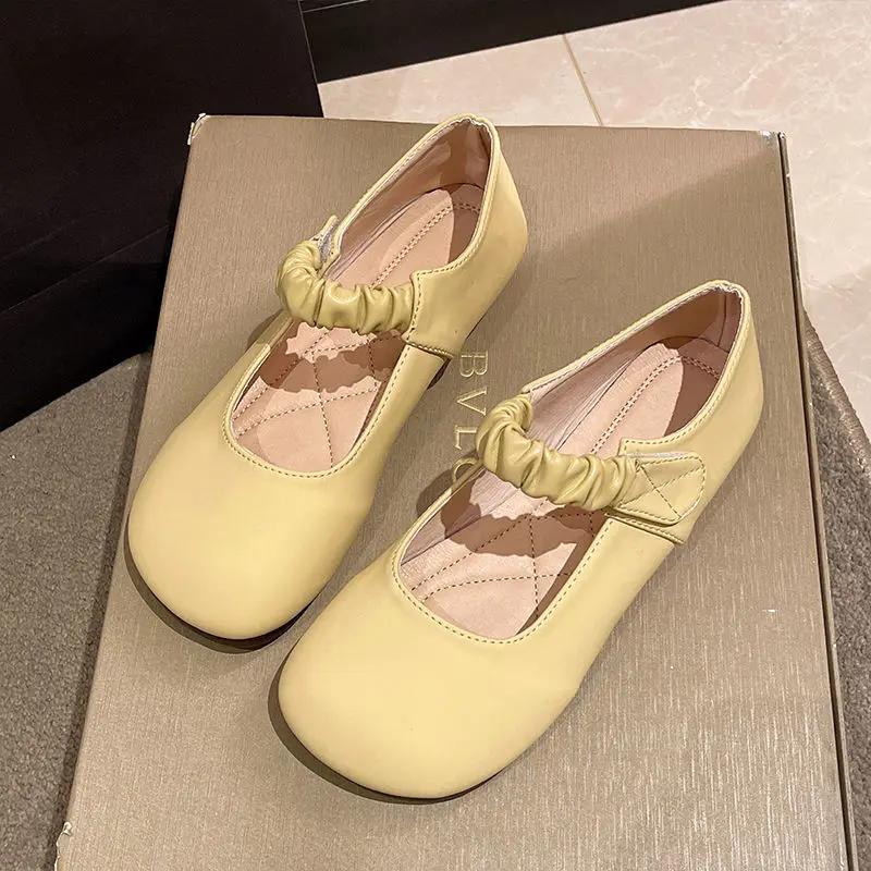Round Toe One-line Buckle Moccasins Apricot Women's Flat Shoes Anti-slip Solid Color Comfortable and Elegant 39 Ladies Footwear