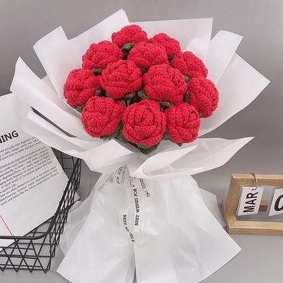 Artificial Flower Handmade Crochet Yarn Rose Outdoor Garden Valentine's Wedding Bridal Bouquet Home Room Diy Gift Box Accessorie
