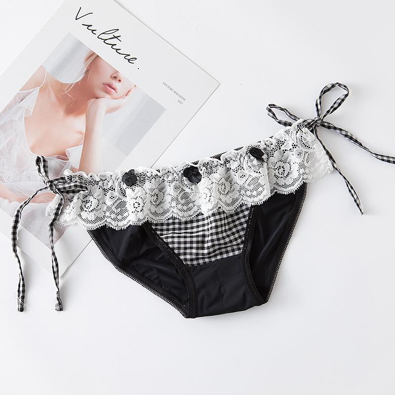 Checkered Lace Up Panties Lace Low Waist Triangle Women's Panties