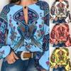 Women Shirt Colorful Print Long Sleeves Crew Neck Rich Colors Retro Loose Pullover Ethnic Style Round Neck Women Blouse Women Clothes