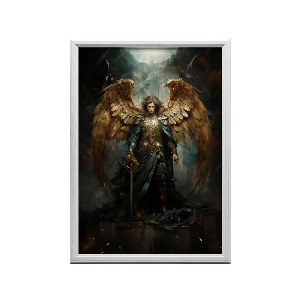 Plakat Święty Michał Archanioł: Blask Złotego Miecza Plakat Święty Michał Archanioł: Blask Złotego Miecza, 30X40 Cm, Rama Aluminiowa Czarna, Papier Ma
