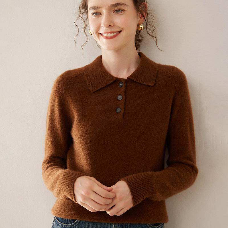 Women's 2024 Autumn/Winter Cashmere Polo Neck Half-Button Loose Slimming Pullover Sweater