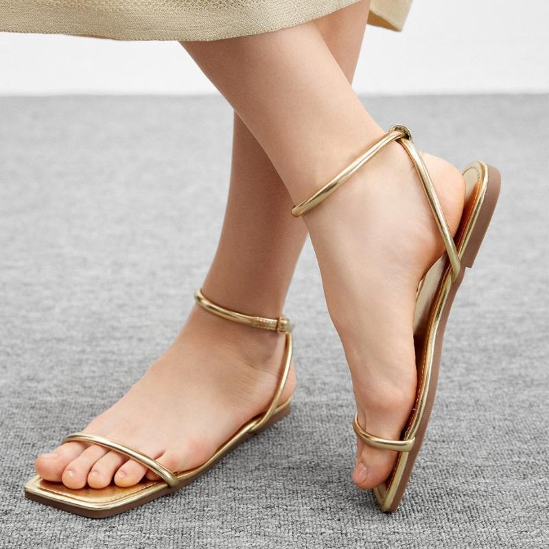 Fashion Fashion Gold Narrow Band Flat Sandals Women Comfort Ankle Buckle Brand Designer Shoes Summer Outdoor 43 Large Size Beach Sandals