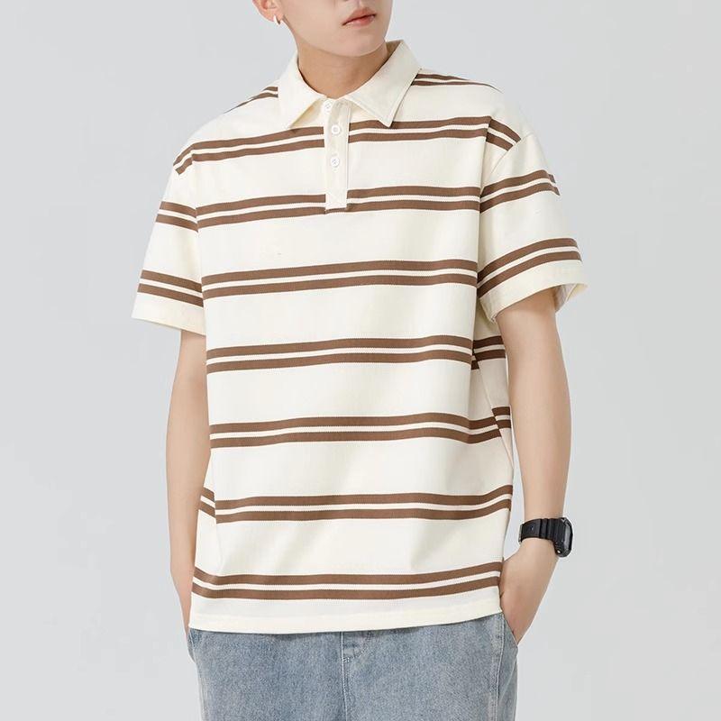 Men Beige Black Striped Short Sleeve Polo Shirt Loose Casual Cotton Blend Summer Top