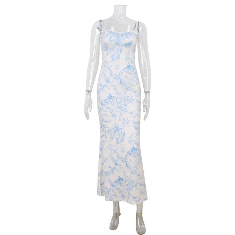 Amazon Cross-Border New Women Clothes Sling Print Backless Elegant Temperament Sexy Sheath Dating Long Dress