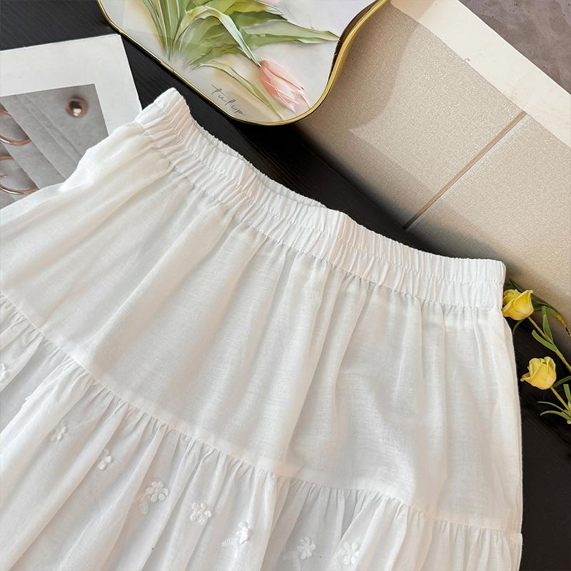 DIMANAF 2025 Summer Women New Skirts Flower Vintage Elastic Pleated Elegant White Skirts Lace High Waist