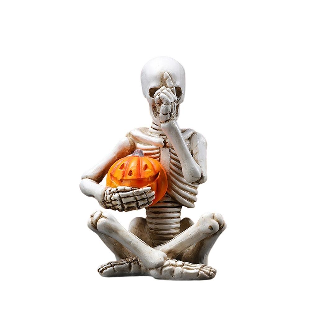 Halloween Pumpkin Skeleton Figurine Spooky Ghost Festival Skull with LED Lights Resin Crafts Sculpture Home Office Desktop