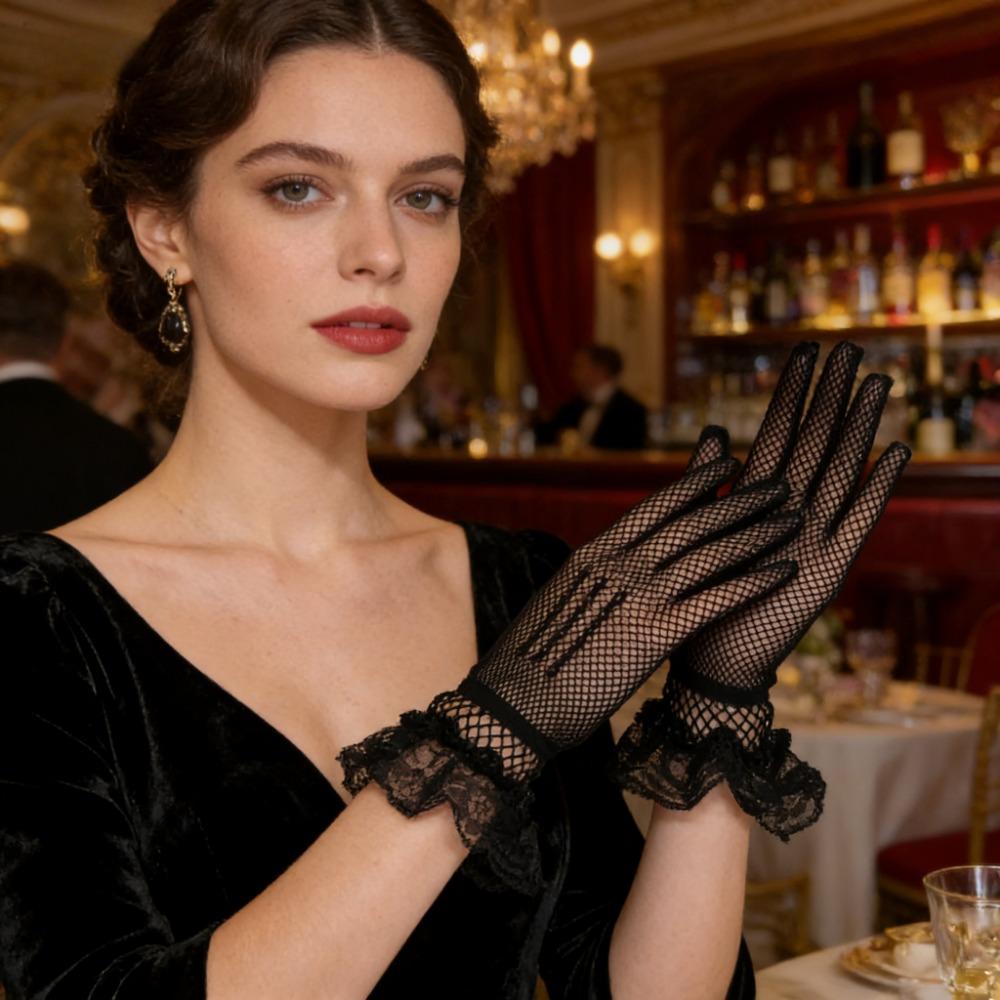 Damen Gothic Lolita Spitze Ausgeschnittene Handschuhe, Sexy Netz Dünn Elastisch Etikette Fäustlinge für Mädchen, Schwarz Weiß Punk Stil