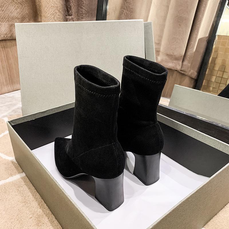 High heels women's autumn and winter pointed knitted women's short boots black heel medium tube elastic Martin boots suede women's socks boots versa