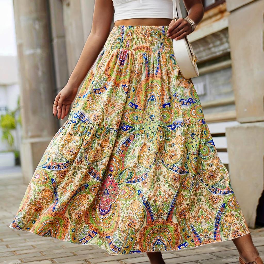Women's Smocked Floral Maxi Skirts Summer Tube Dresses  Long A Line Pleated Beach Skirt