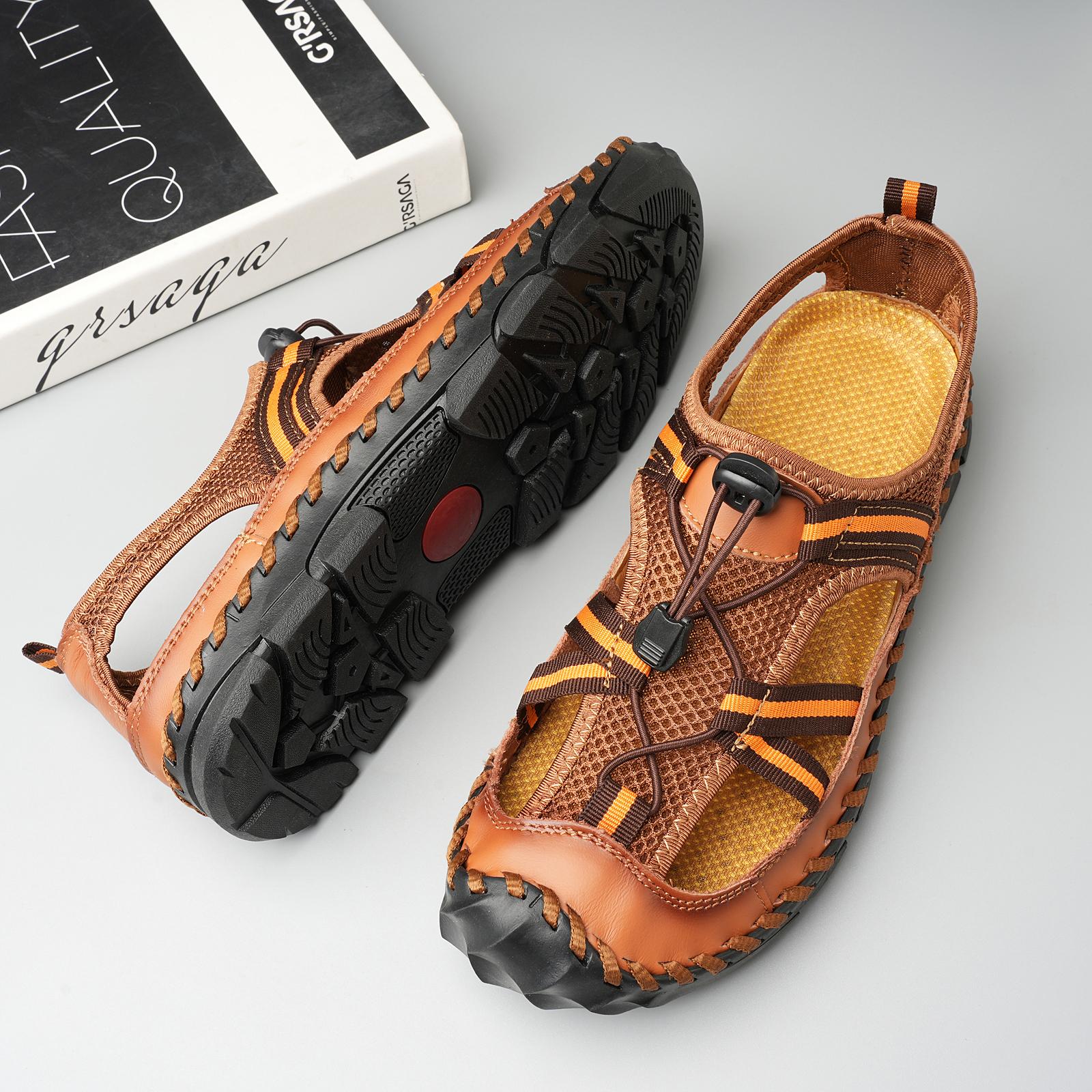 

Модные мужские сандалии, лето 2024, новые легкие сандалии Baotou с сетчатой подошвой для прогулок, альпинизма, путешествий, кожаные сандалии 46 коричневый