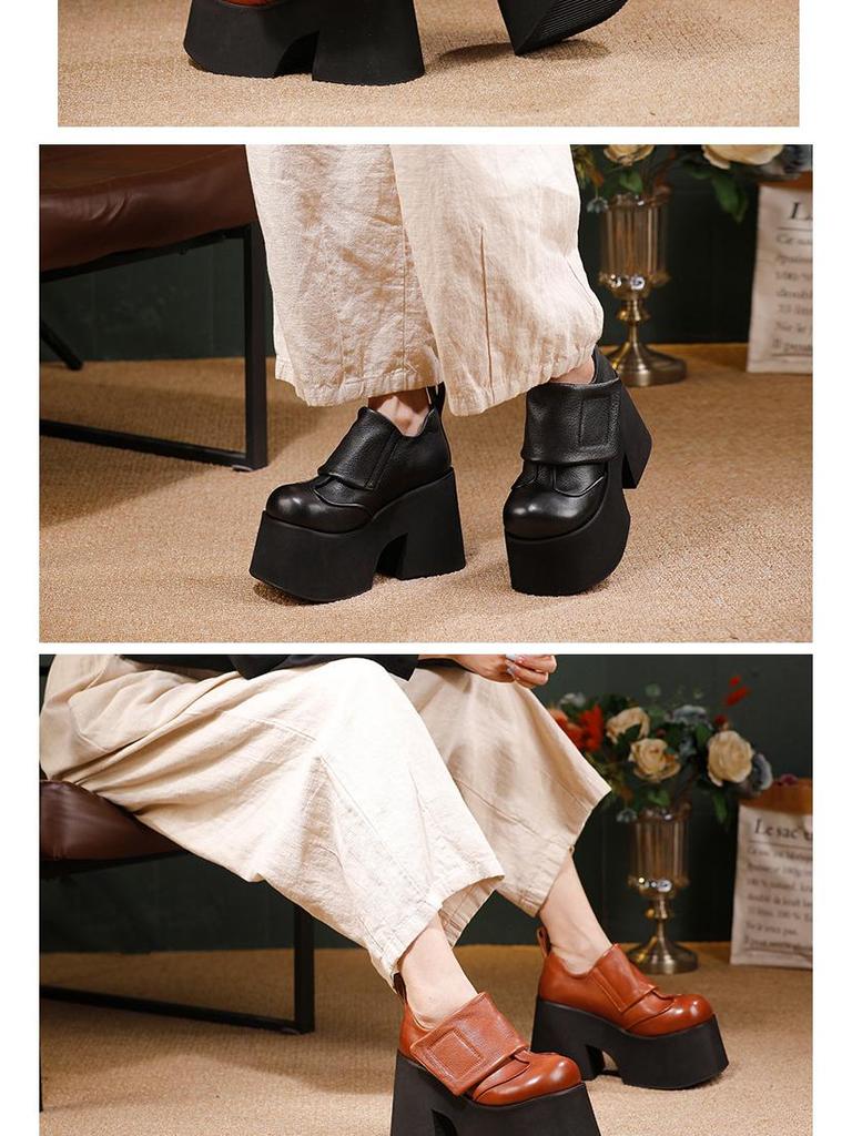 Women's Genuine Leather Platform Shoes 2025: Autumn/Winter Pure Cowhide Petite Height-Increasing Hook & Loop Single Shoes