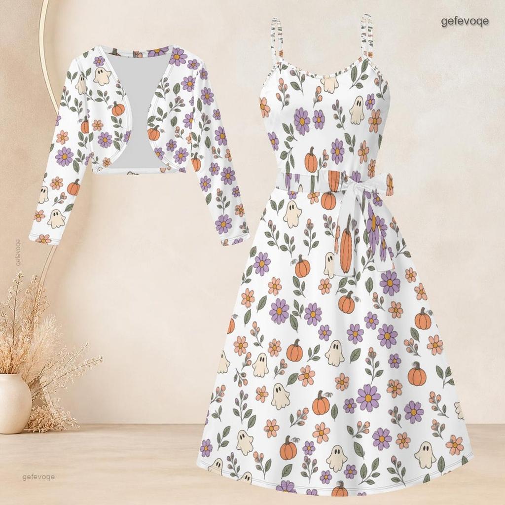 Women Plus Size White Two Piece Set Long Sleeve Cropped Shrug Strappy Tie Waist Pumpkin Bat Printed Dress