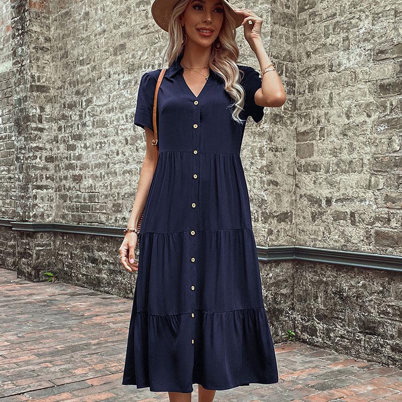 Europäisches und Amerikanisches Sommer Lässiges Mittellanges Hemdblusenkleid für Damen