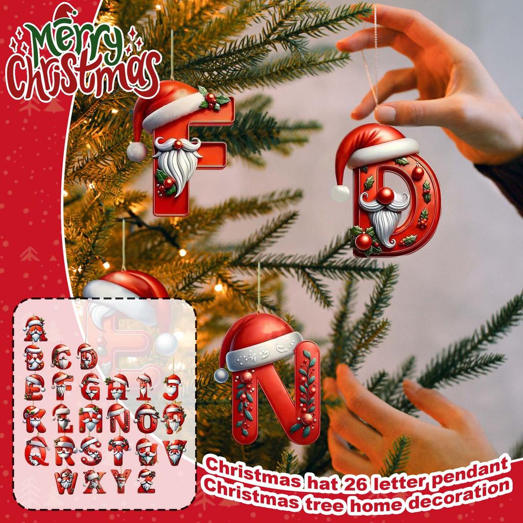 2D Christmas Hat 26 Letter Pendant Christmas Tree Home Decoration Acrylic Flat Car Pendant