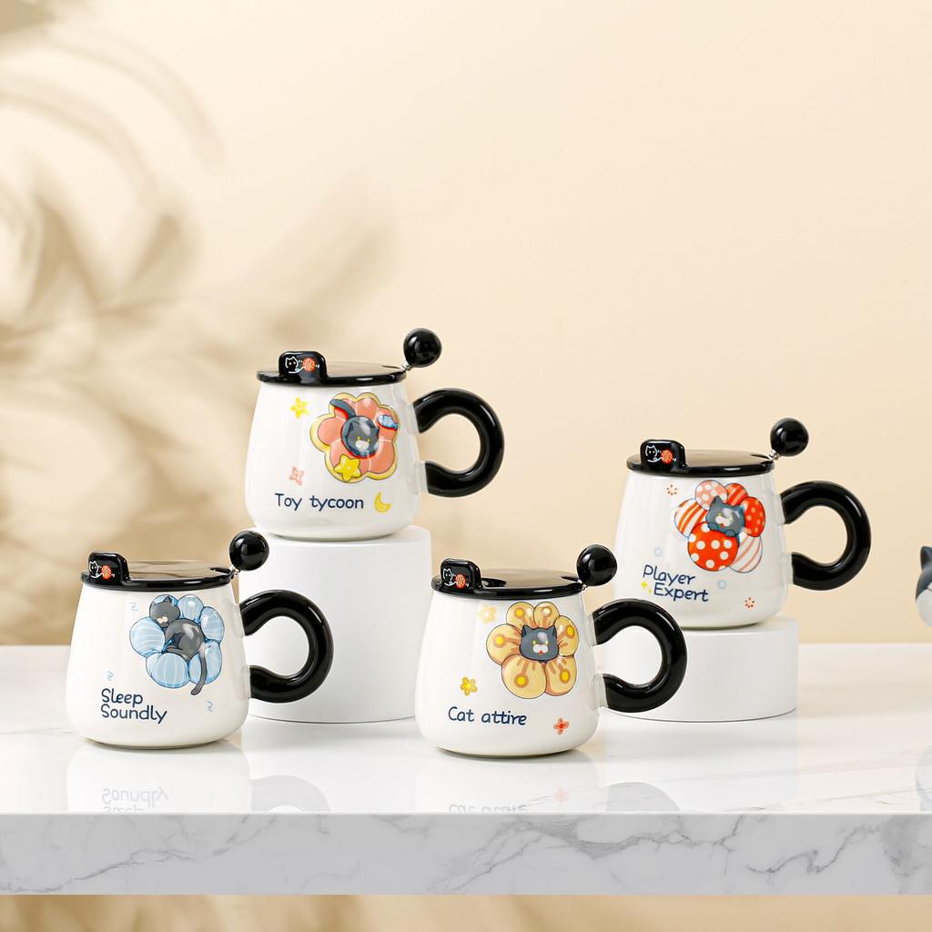 Cartoon Cute Cat Flowers Cup Ceramic Cup Mug Cross Border Water Cup Home Office Coffee Cup Creativity