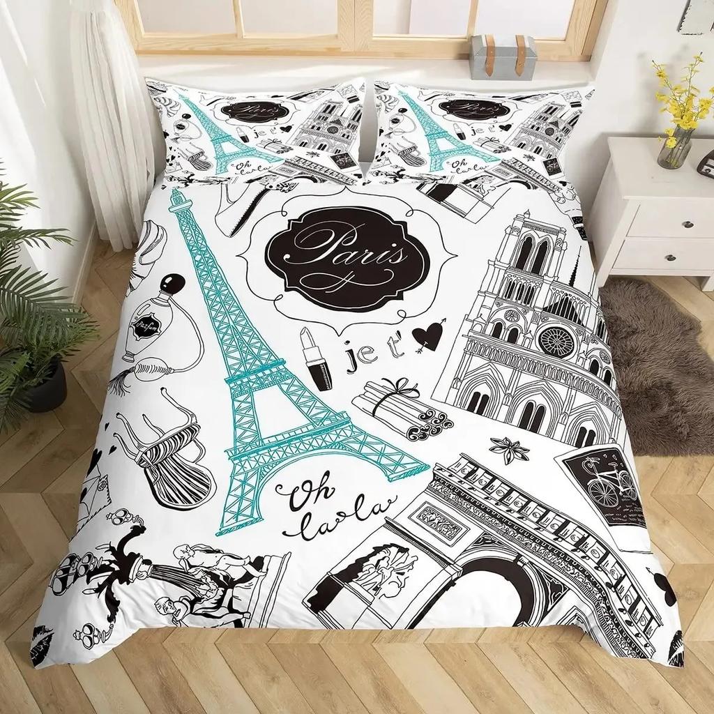 Paris Duvet Cover Set Queen Size Eiffel Tower Bedding Set Girls Black and Pink Paris Comforter Cover Romantic French Quilt Cover