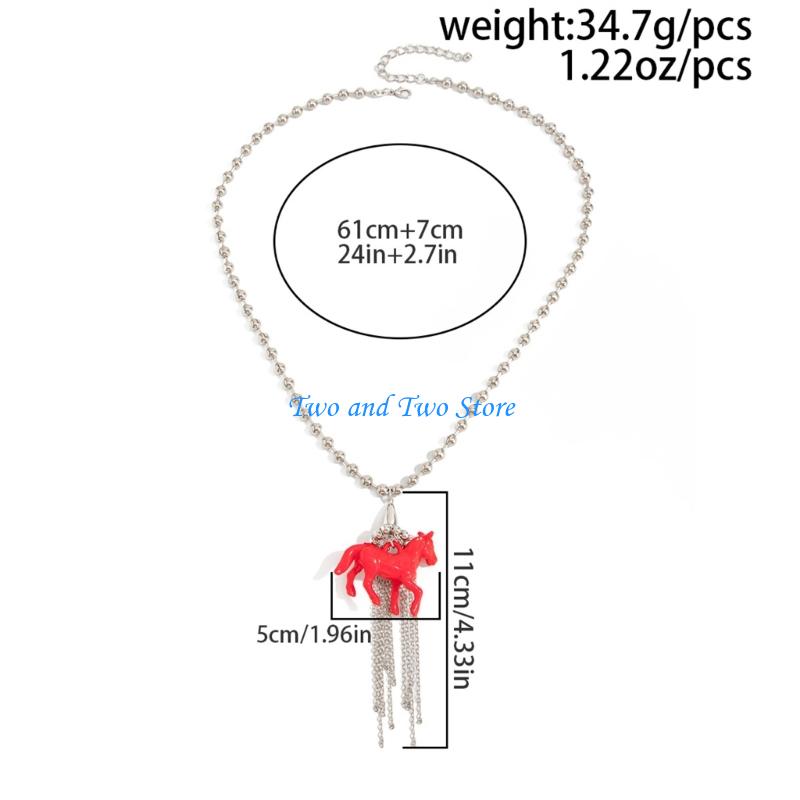 HX6F Playful Horse Pendant Necklace With Elegant Tassels Detail Great Gift For Her Round Bead Neck Chain Jewelry