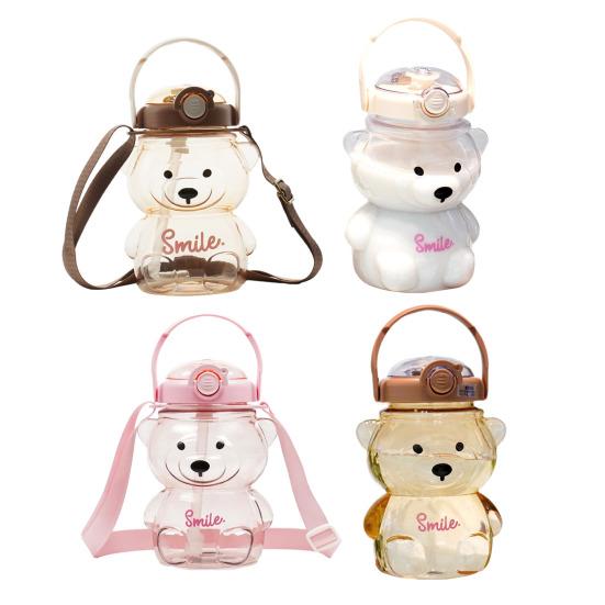 Bear Water Bottle with Straw 34oz BPA-Free Kids Tumbler Leak-Proof Cold Drink Cup Portable Drinkware with Adjustable Strap