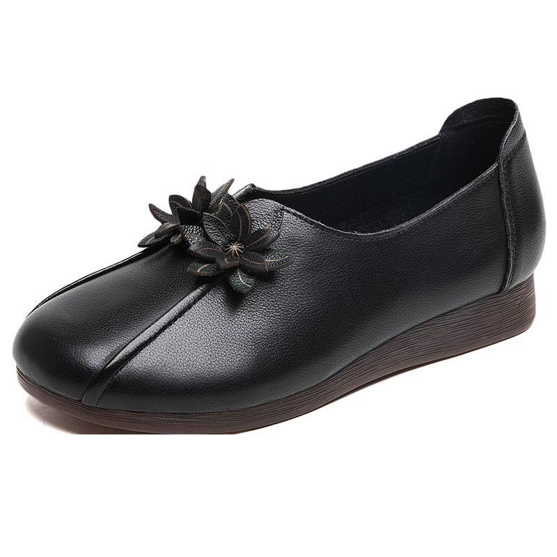 Autumn new leather mother shoes flat heel wedge heel retro flower deep mouth beef tendon sole medium and old single shoes