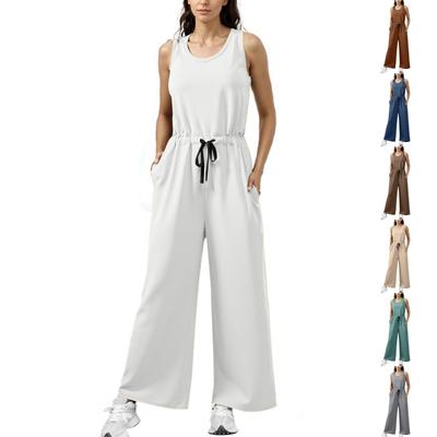 Damen Lässige Weitbein-Jumpsuits Sommer Ärmellos Lockerer Jumper Kordelzug Trainingsoutfits