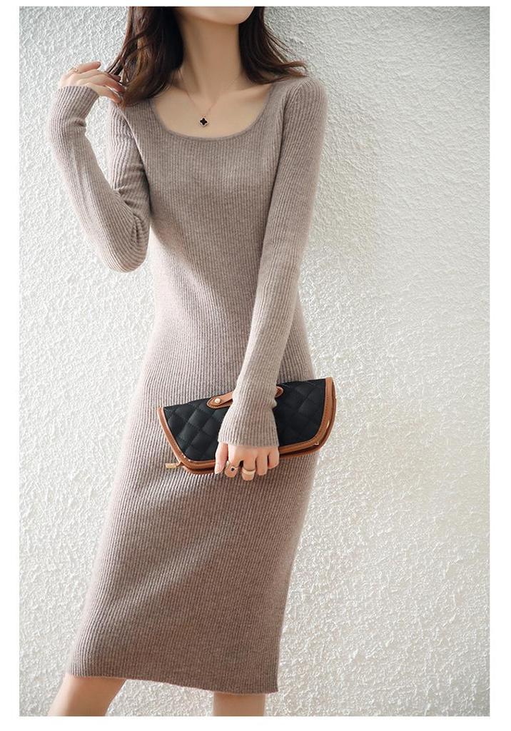 Wool Knitted Retro Bodycon Dress Skirt with Long Sleeves