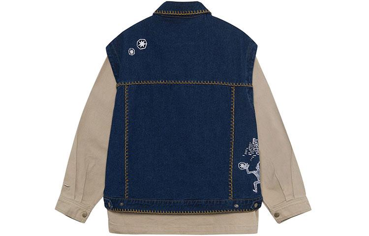 Li Ning Denim Jackets Men's Loose Earth Denim Blue Lapel Moderate Straight Fit AFDR823-1