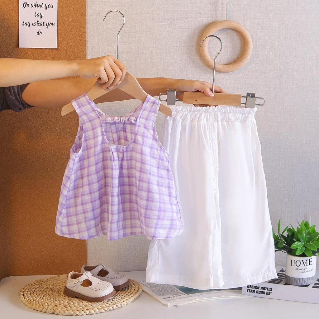 Girls' Summer 2026 Plaid Two-Piece Set: Stylish Vest & Wide-Leg Pants with Shoulder Straps