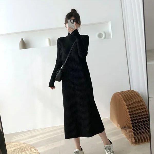 Women's Mid-Length Wool Knit Dress - Loose, Long Sleeve, Half-High Collar, Perfect for Layering Under Coats, Autumn & Winter Wear.