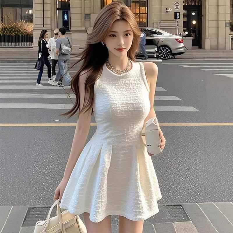 Elegant French Heiress White Sleeveless A-line Dress for Women - Summer Socialite Style