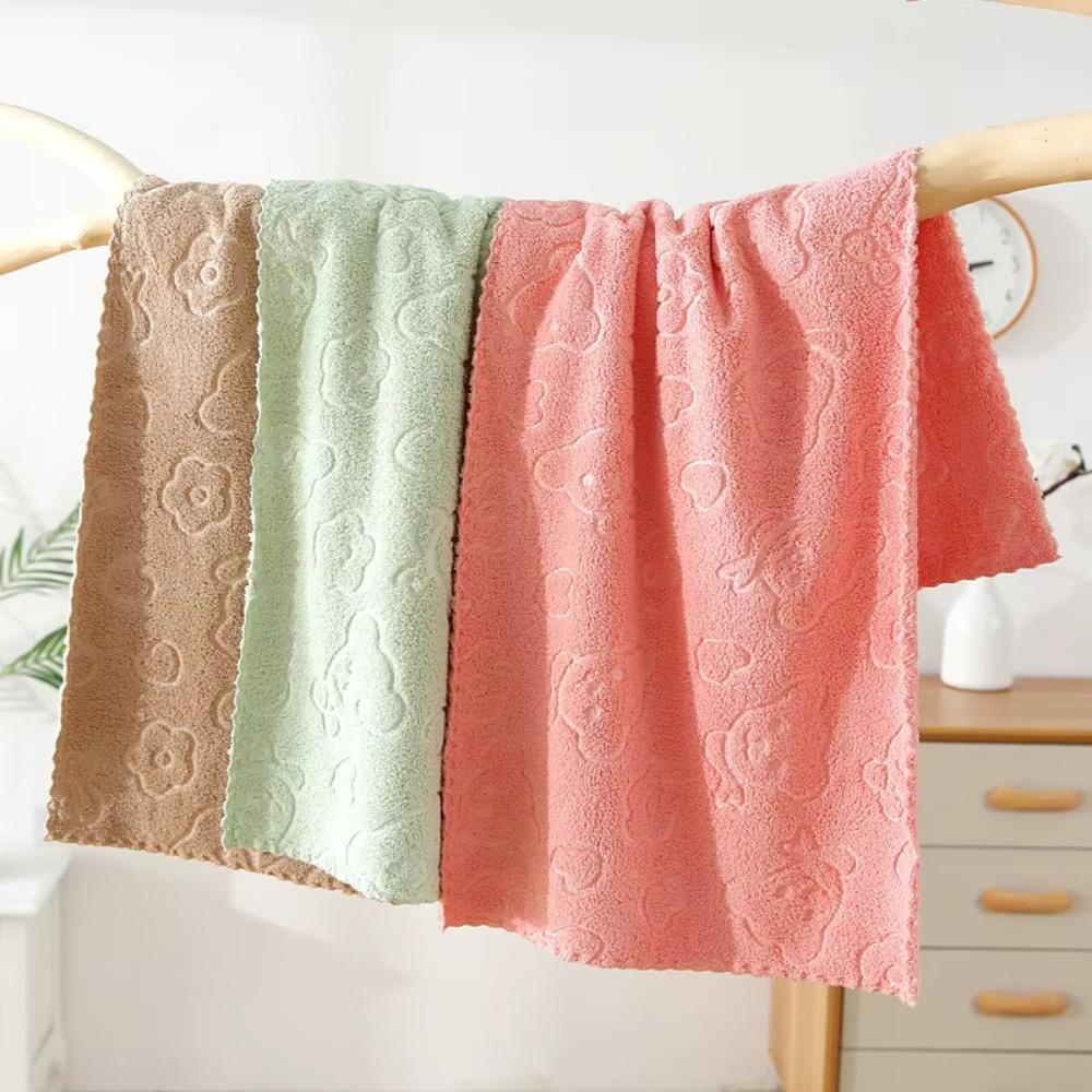 3pcs Adorable Cartoon Bear and Floral Embossed Towels Highly Absorbent Quick-Drying Towels Essential for Bathroom Home Decor