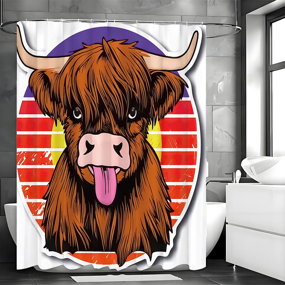 Nordic Cartoonized Funny-looking Ox Shower Curtain Washable Dirt-Resistant Shower Head Waterproof Polyester Bath Curtain