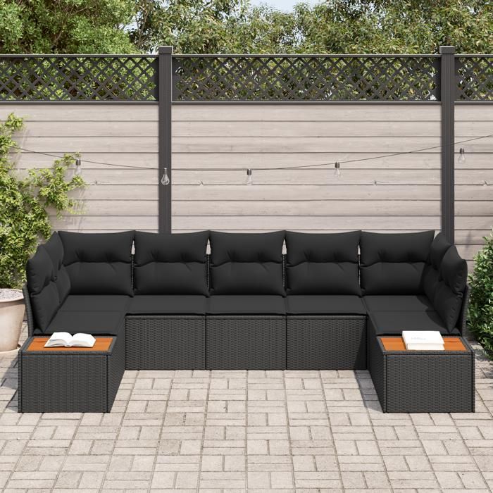 VidaXL Canapé de jardin 7 pièces avec coussins noir poly rotin acacia 3348159