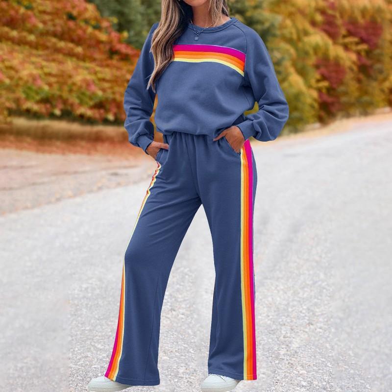 2026 Womens Rainbow Fleece Lined Hoodie Pants Set Casual Long Sleeve Two Piece Fall Winter