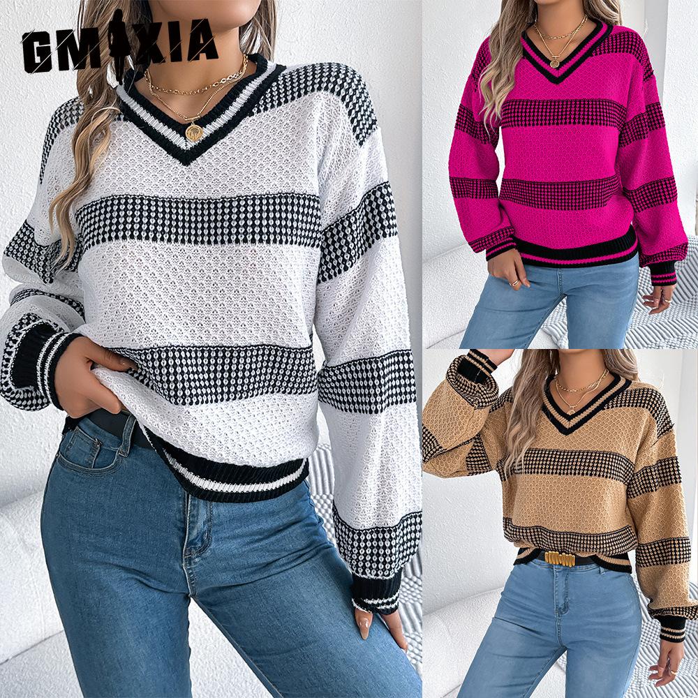 GMXIA Autumn Winter V-neck Contrasting Color Striped Lantern Long-sleeved Pullover Sweater Women's Wear