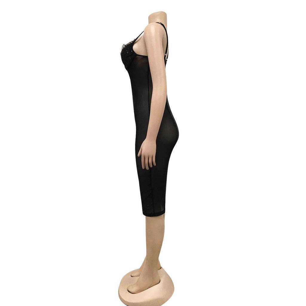 Damen Spaghettiträgerkleid mit Spitze und Pailletten für Herbst und Winter - Europäischer Nachtclub-Stil