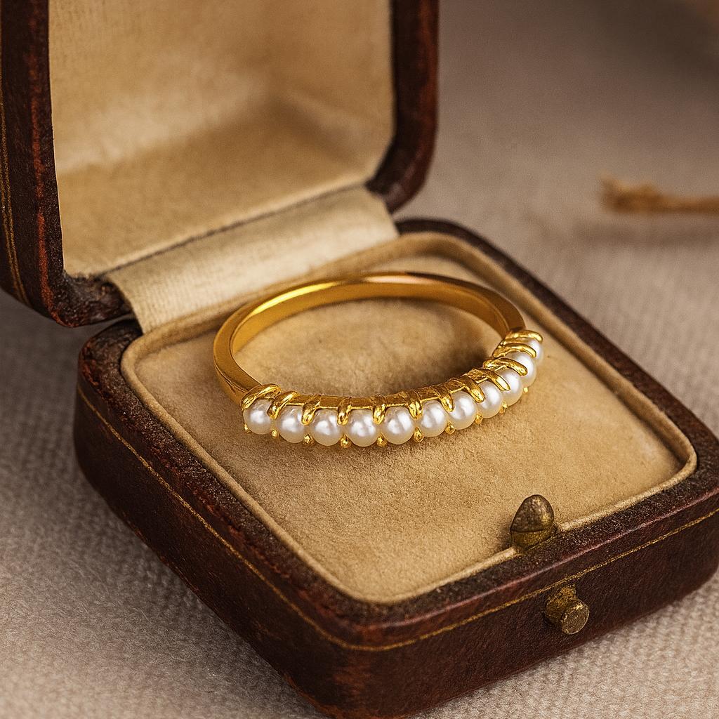 Wedding Engagement Anniversary Promise Gift – Antique Akoya Pearl Band, Yellow Gold Plated Unique Bridal Ring, June Birthstone Jewelry