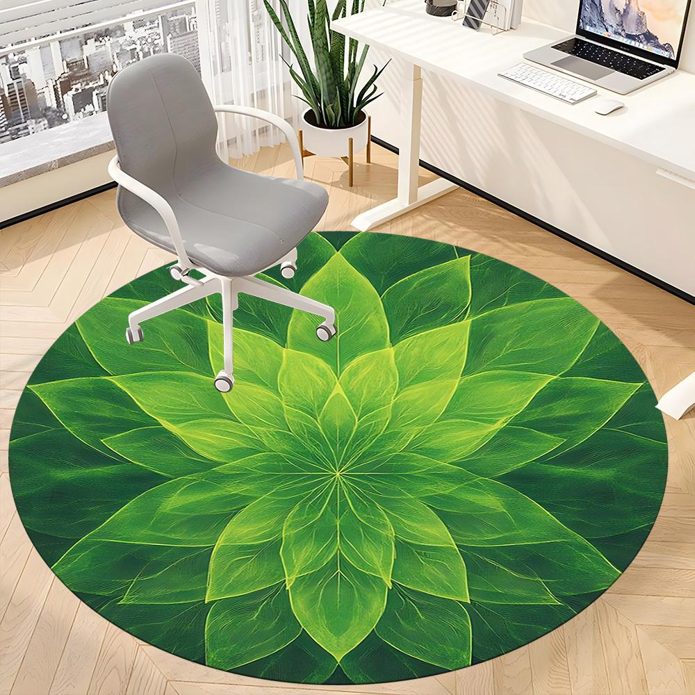 1PC Green Leaf Mandala Office Round Rug, Non slip, Soft and Durable Office Rug for Interior Decoration, Perfect for Office