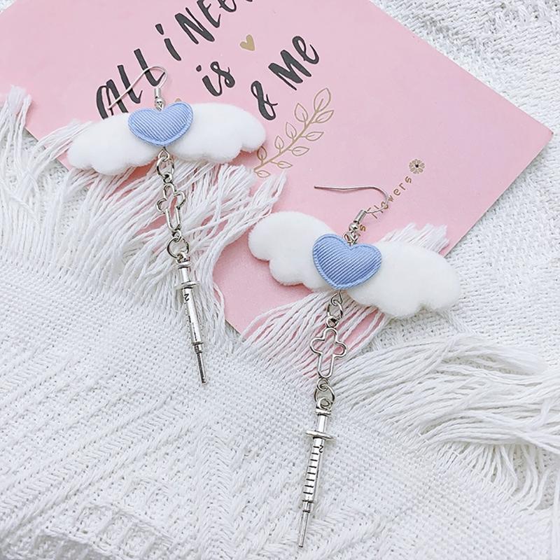 Unique Gothic Earwear Fashion Angel Wing Heart Earrings Y2k Aesthetics Jewelry Crucifix Syringe Ear Hooks/Ear Clips