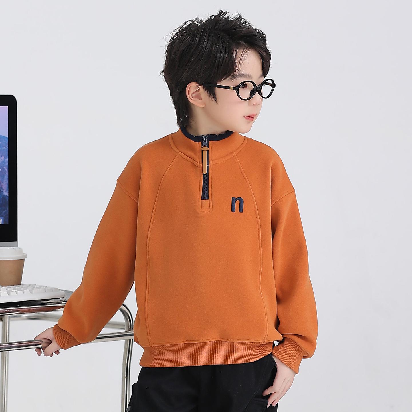 

Boys Fleece-Lined Half-Zip Hoodie, 2025 Autumn/Winter Style, Thickened Long-Sleeve Pullover for Middle and Big Kids. 120 помаранчевий