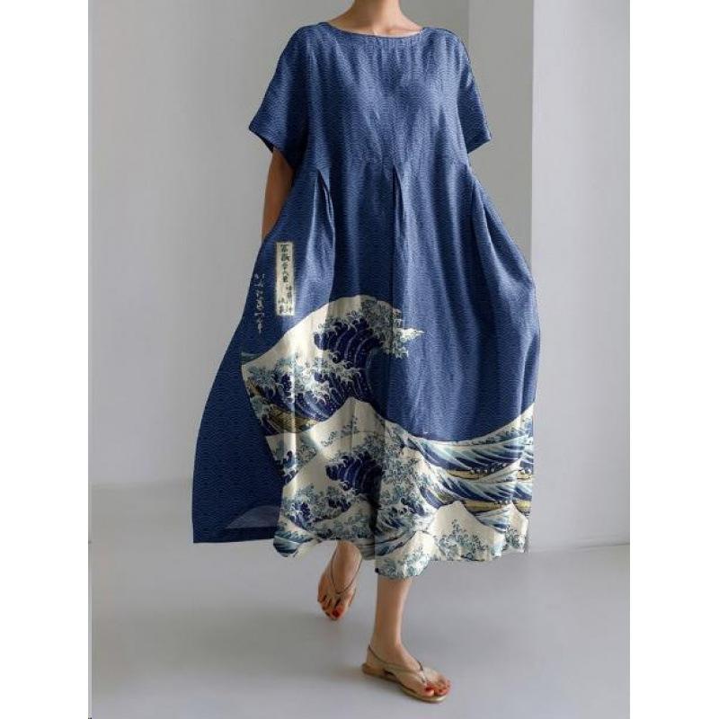 Damen Sommer Übergröße Gestreiftes Print Maxikleid, Lässiges Lockeres Rundhals Kurzarm Oversized A-Linien-Kleid