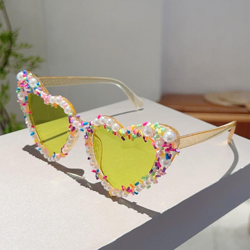 Heart Shape Sunglasses with Pearls and Jimmies Fashion Cute Gradient Multi-color Decor Shades Trendy Original Sun Glasses