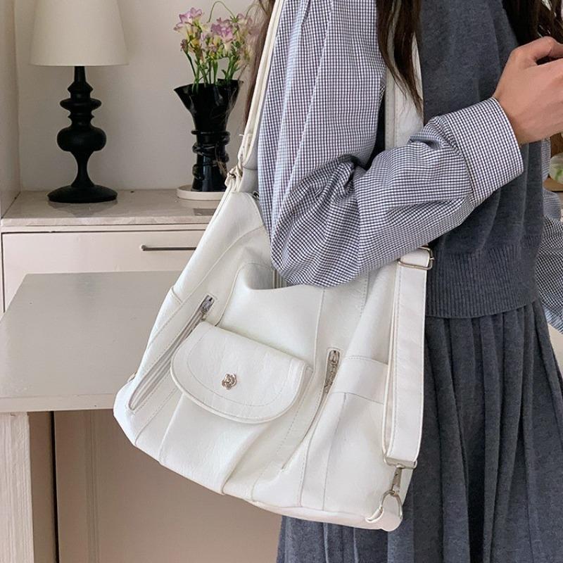 

A Retro Soft Leather Large-capacity Adjustable Single-shoulder Tote Bag білий