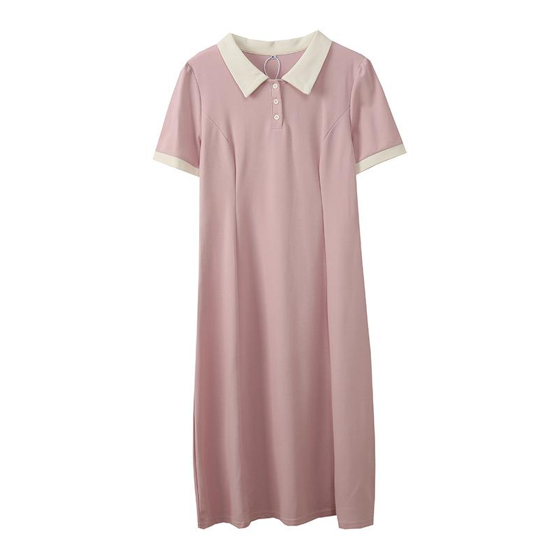 Large Size Women's Clothing Contrasting Color Polo Collar Dress, Summer New Waist and Age-reducing Medium and Long Dress 222191